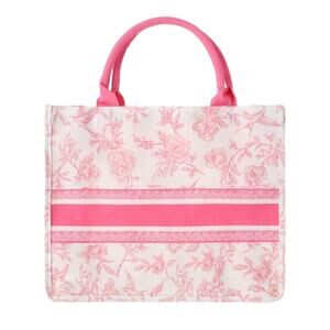 Canvas Book Tote Boat bag Pink and White Toile de Jouy Peony floral print